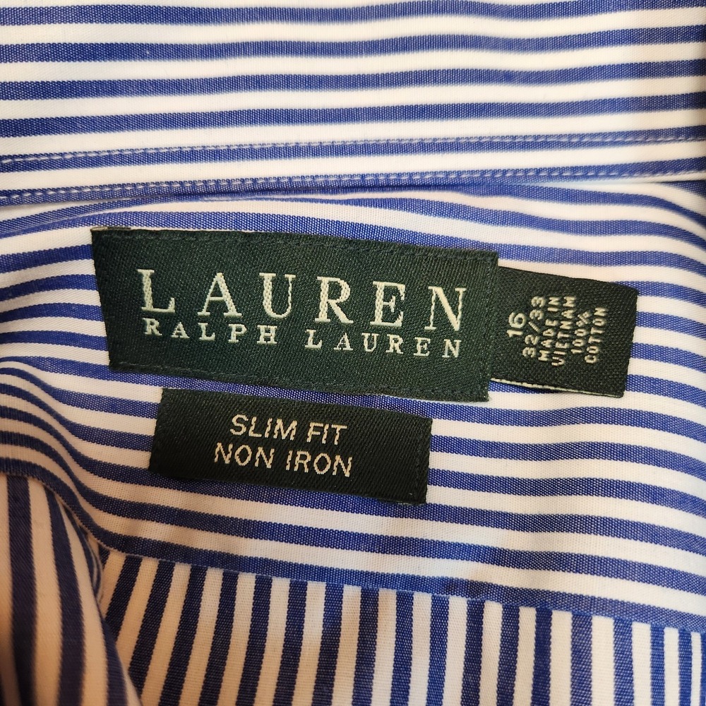 Lauren Ralph Lauren Men's 16 Slim Fit Non-Iron Shirt Blue White Striped Shirt - Picture 3 of 6
